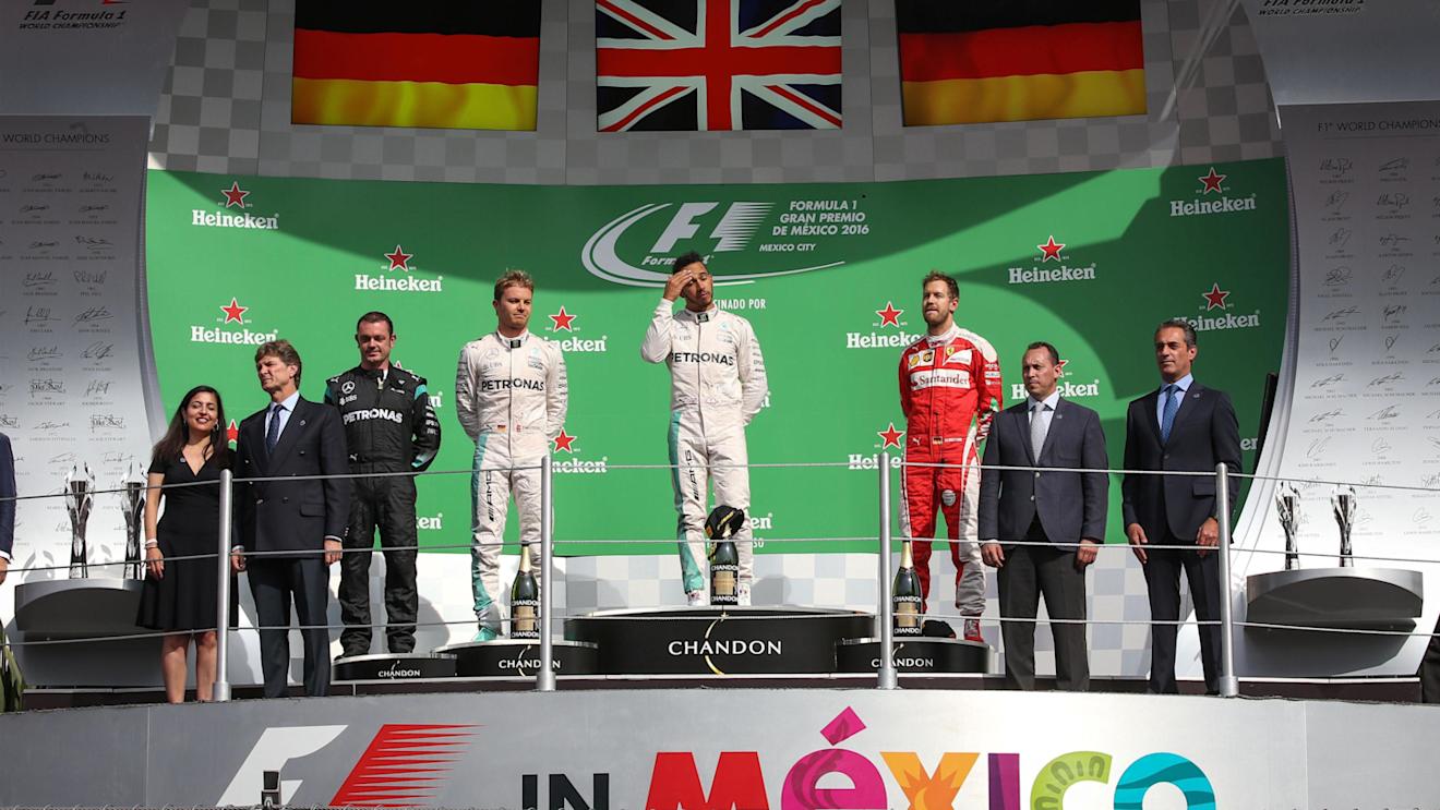 Nico Rosberg (GER) Mercedes AMG F1, Tom Walton (GBR) Mercedes AMG F1 Engineer, Lewis Hamilton (GBR) Mercedes AMG F1 and Sebastian Vettel (GER) Ferrari celebrate on the podium at Formula One World Championship, Rd19, Mexican Grand Prix, Race, Circuit Hermanos Rodriguez, Mexico City, Mexico, Sunday 30 October 2016. © Sutton Images