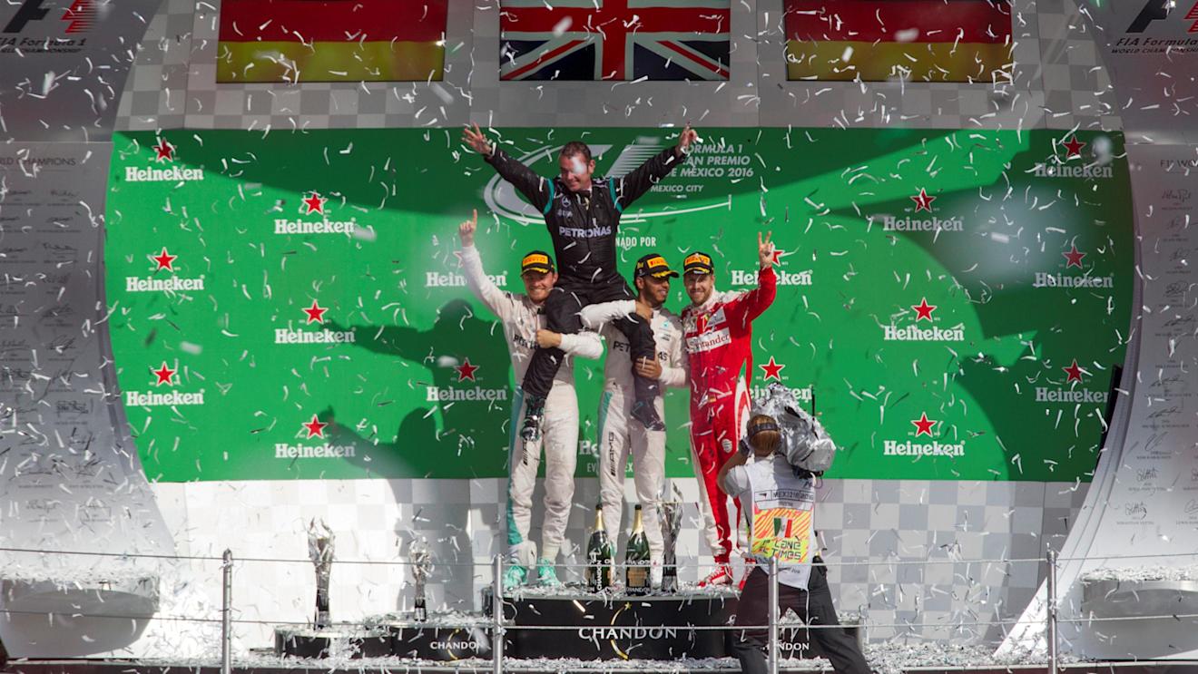 Nico Rosberg (GER) Mercedes AMG F1,Tom Walton (GBR) Mercedes AMG F1 Engineer, Lewis Hamilton (GBR) Mercedes AMG F1 and Sebastian Vettel (GER) Ferrari celebrate on the podium at Formula One World Championship, Rd19, Mexican Grand Prix, Race, Circuit Hermanos Rodriguez, Mexico City, Mexico, Sunday 30 October 2016. © Sutton Images