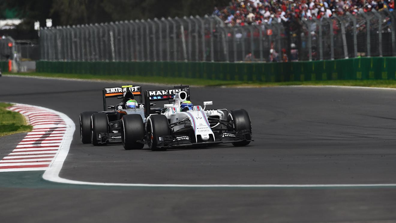 Felipe Massa (BRA) Williams FW38 and Sergio Perez (MEX) Force India VJM09 battle for position at Formula One World Championship, Rd19, Mexican Grand Prix, Race, Circuit Hermanos Rodriguez, Mexico City, Mexico, Sunday 30 October 2016. © Sutton Images