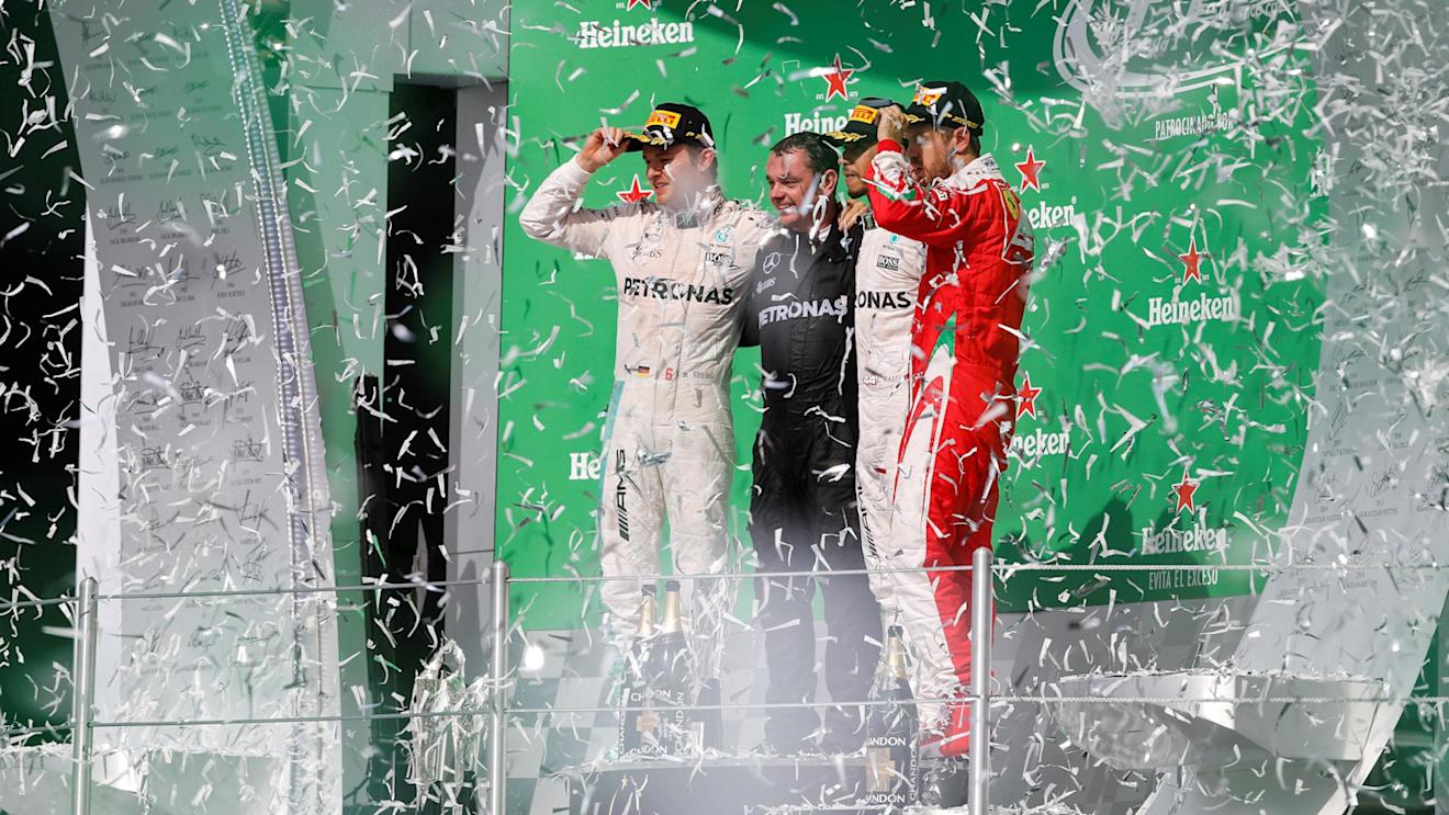 (L to R): Nico Rosberg (GER) Mercedes AMG F1,Tom Walton (GBR) Mercedes AMG F1 Engineer, Lewis Hamilton (GBR) Mercedes AMG F1 and Sebastian Vettel (GER) Ferrari celebrate on the podium at Formula One World Championship, Rd19, Mexican Grand Prix, Race, Circuit Hermanos Rodriguez, Mexico City, Mexico, Sunday 30 October 2016. © Sutton Images