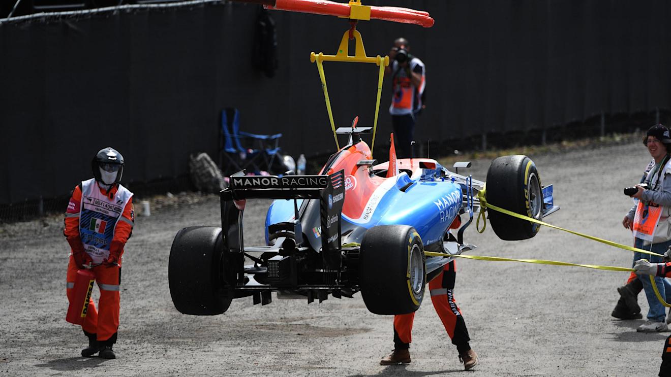 The crashed car of race retiree Pascal Wehrlein (GER) Manor Racing MRT05 is recovered at Formula One World Championship, Rd19, Mexican Grand Prix, Race, Circuit Hermanos Rodriguez, Mexico City, Mexico, Sunday 30 October 2016. © Sutton Images