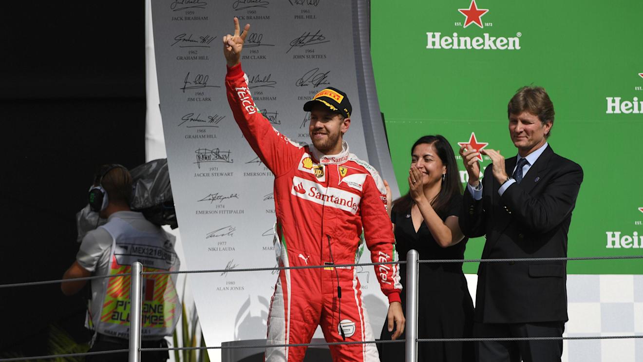 Sebastian Vettel (GER) Ferrari celebrates on the podium at Formula One World Championship, Rd19, Mexican Grand Prix, Race, Circuit Hermanos Rodriguez, Mexico City, Mexico, Sunday 30 October 2016. © Sutton Images