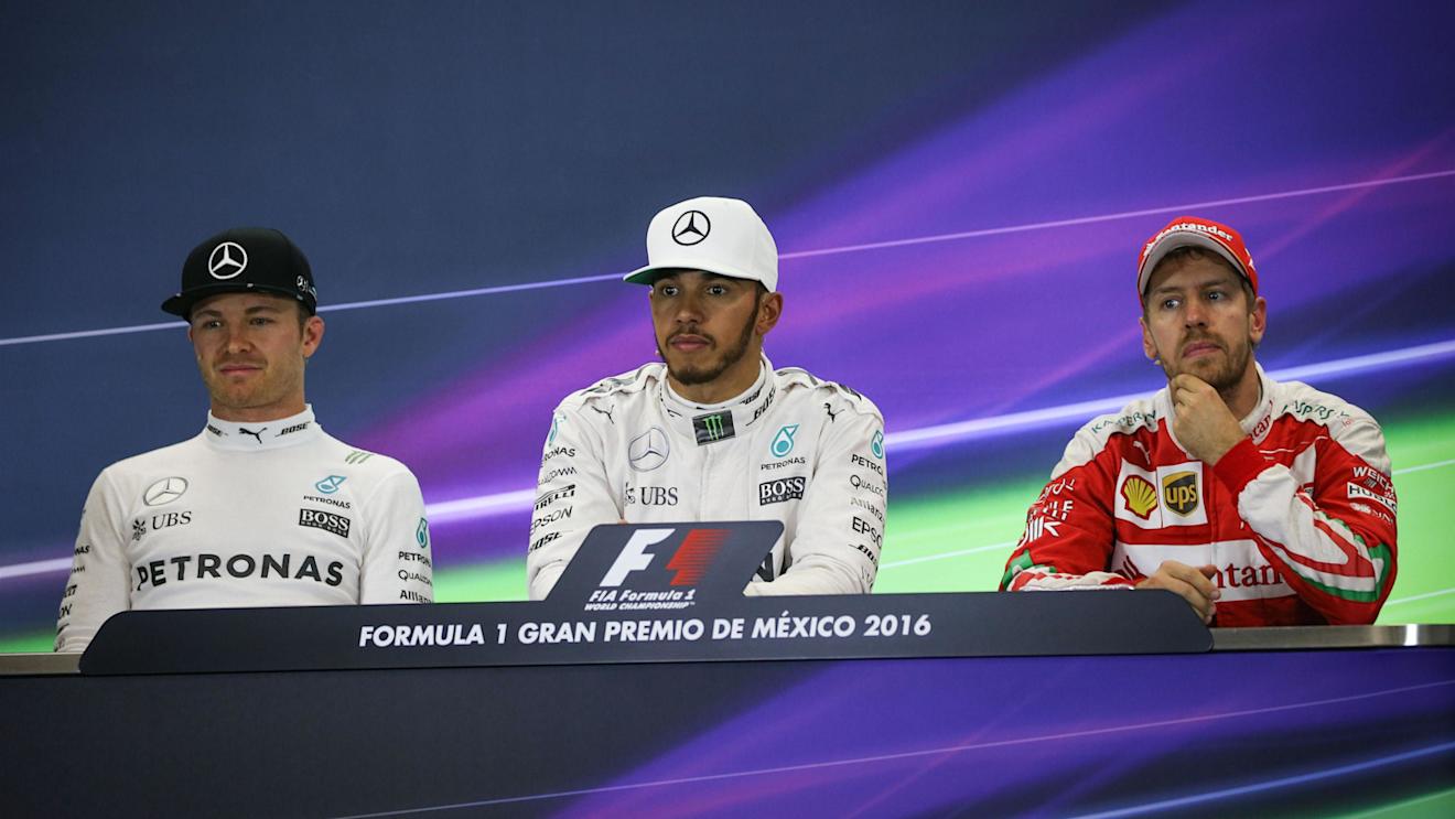 (L to R): Nico Rosberg (GER) Mercedes AMG F1, Lewis Hamilton (GBR) Mercedes AMG F1 and Sebastian Vettel (GER) Ferrari in the Press Conference at Formula One World Championship, Rd19, Mexican Grand Prix, Race, Circuit Hermanos Rodriguez, Mexico City, Mexico, Sunday 30 October 2016. © Sutton Images