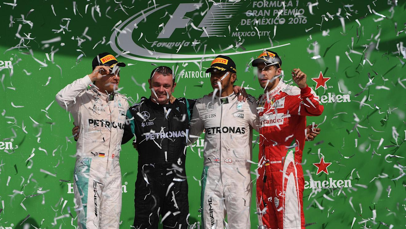 (L to R): Nico Rosberg (GER) Mercedes AMG F1,Tom Walton (GBR) Mercedes AMG F1 Engineer, Lewis Hamilton (GBR) Mercedes AMG F1 and Sebastian Vettel (GER) Ferrari celebrate on the podium at Formula One World Championship, Rd19, Mexican Grand Prix, Race, Circuit Hermanos Rodriguez, Mexico City, Mexico, Sunday 30 October 2016. © Sutton Images