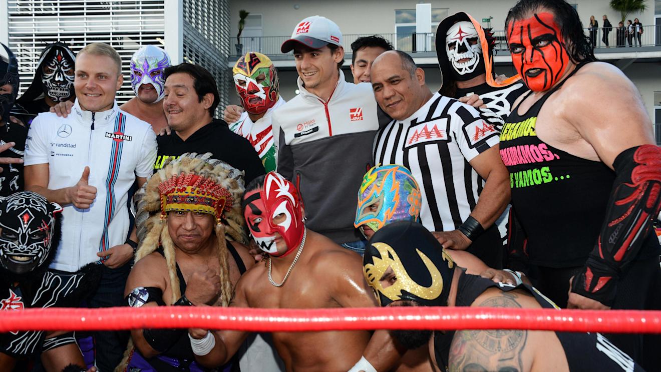 Valtteri Bottas (FIN) Williams and Esteban Gutierrez (MEX) Haas F1 at Lucha Libre Wrestling Fiesta at Formula One World Championship, Rd19, Mexican Grand Prix, Preparations, Circuit Hermanos Rodriguez, Mexico City, Mexico, Thursday 27 October 2016. © Sutton Images