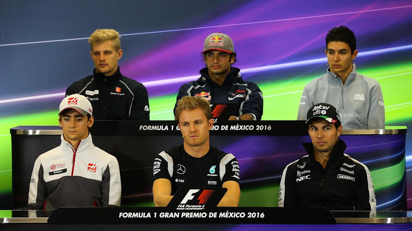 (L to R): Marcus Ericsson (SWE) Sauber, Carlos Sainz jr (ESP) Scuderia Toro Rosso, Esteban Ocon (FRA) Manor Racing, Esteban Gutierrez (MEX) Haas F1, Nico Rosberg (GER) Mercedes AMG F1 and Sergio Perez (MEX) Force India in the Press Conference at Formula One World Championship, Rd19, Mexican Grand Prix, Preparations, Circuit Hermanos Rodriguez, Mexico City, Mexico, Thursday 27 October 2016. © Sutton Images