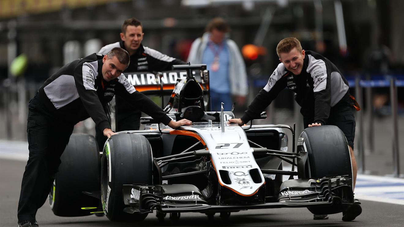 Force India mechanics with Force India VJM09 in pit lane at Formula One World Championship, Rd19, Mexican Grand Prix, Preparations, Circuit Hermanos Rodriguez, Mexico City, Mexico, Thursday 27 October 2016. © Sutton Images