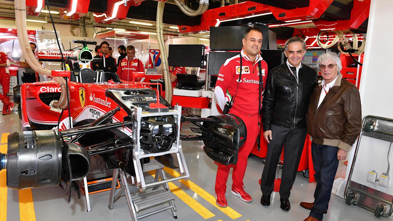 Miguel Angel Mancera (MEX) Mexico City Mayor with Diego Ioverno (ITA) Ferrari Operations Director and Bernie Ecclestone (GBR) CEO Formula One Group (FOM) in the Ferrari garage at Formula One World Championship, Rd19, Mexican Grand Prix, Preparations, Circuit Hermanos Rodriguez, Mexico City, Mexico, Thursday 27 October 2016. © Sutton Images
