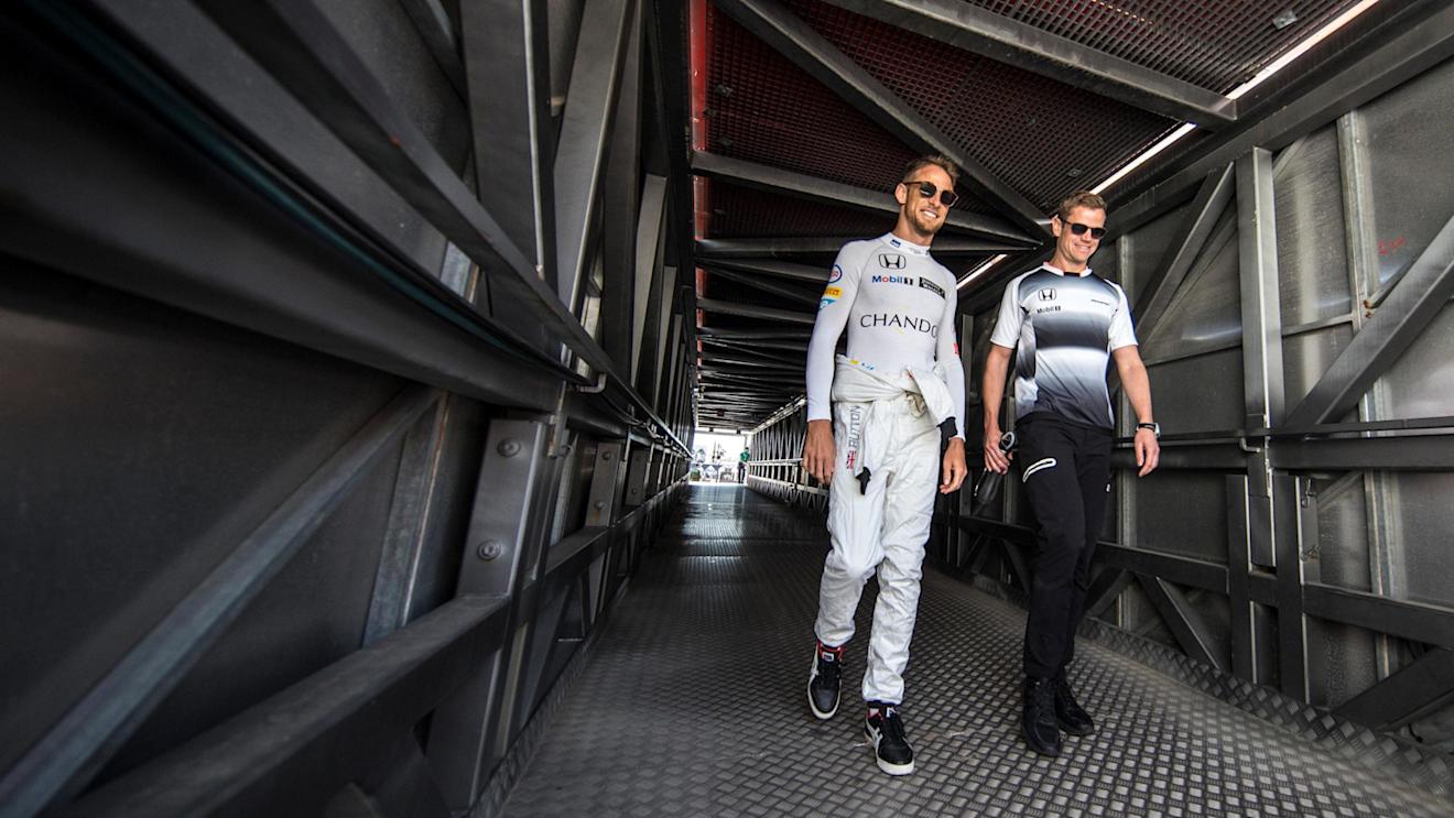 Jenson Button (GBR) McLaren and trainer Mike Collier (GBR) at Formula One World Championship, Rd6, Monaco Grand Prix, Qualifying, Monte-Carlo, Monaco, Saturday 28 May 2016. © Sutton Images