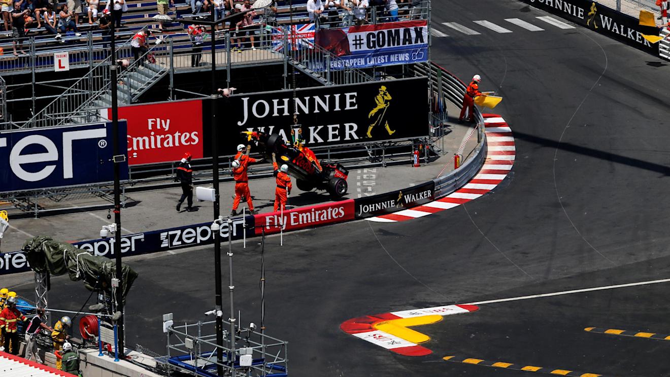 The crashed car of Max Verstappen (NED) Red Bull Racing RB12 is recovered in Q1 at Formula One World Championship, Rd6, Monaco Grand Prix, Qualifying, Monte-Carlo, Monaco, Saturday 28 May 2016. © Sutton Images