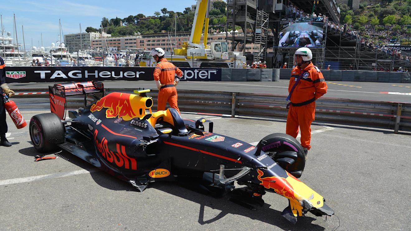 The car of Max Verstappen (NED) Red Bull Racing RB12 following his crash in Q1 at Formula One World Championship, Rd6, Monaco Grand Prix, Qualifying, Monte-Carlo, Monaco, Saturday 28 May 2016. © Sutton Images