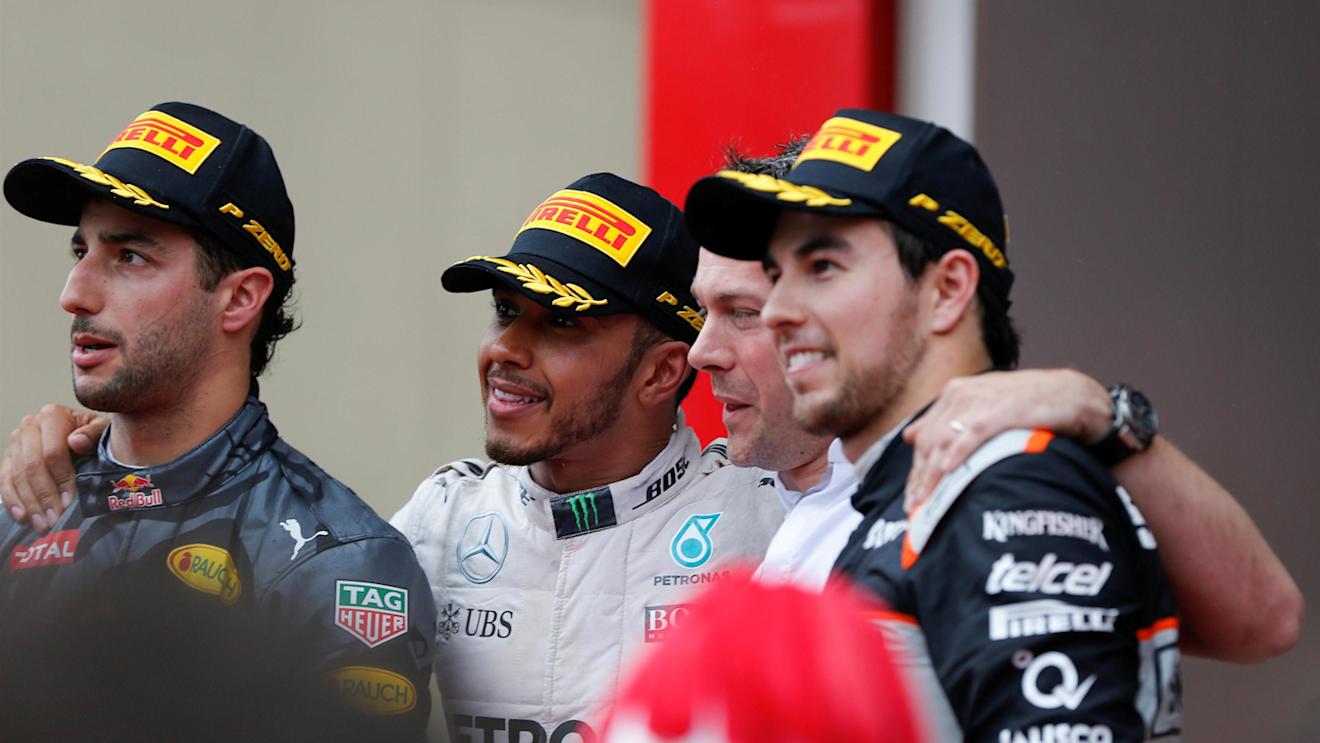 Race winner Lewis Hamilton (GBR) Mercedes AMG F1, Daniel Ricciardo (AUS) Red Bull Racing and Sergio Perez (MEX) Force India celebrate on the podium at Formula One World Championship, Rd6, Monaco Grand Prix, Race, Monte-Carlo, Monaco, Sunday 29 May 2016. © Sutton Images