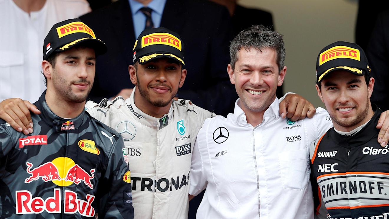 Race winner Lewis Hamilton (GBR) Mercedes AMG F1 celebrates on the podium with Daniel Ricciardo (AUS) Red Bull Racing and Sergio Perez (MEX) Force India at Formula One World Championship, Rd6, Monaco Grand Prix, Race, Monte-Carlo, Monaco, Sunday 29 May 2016. © Sutton Images