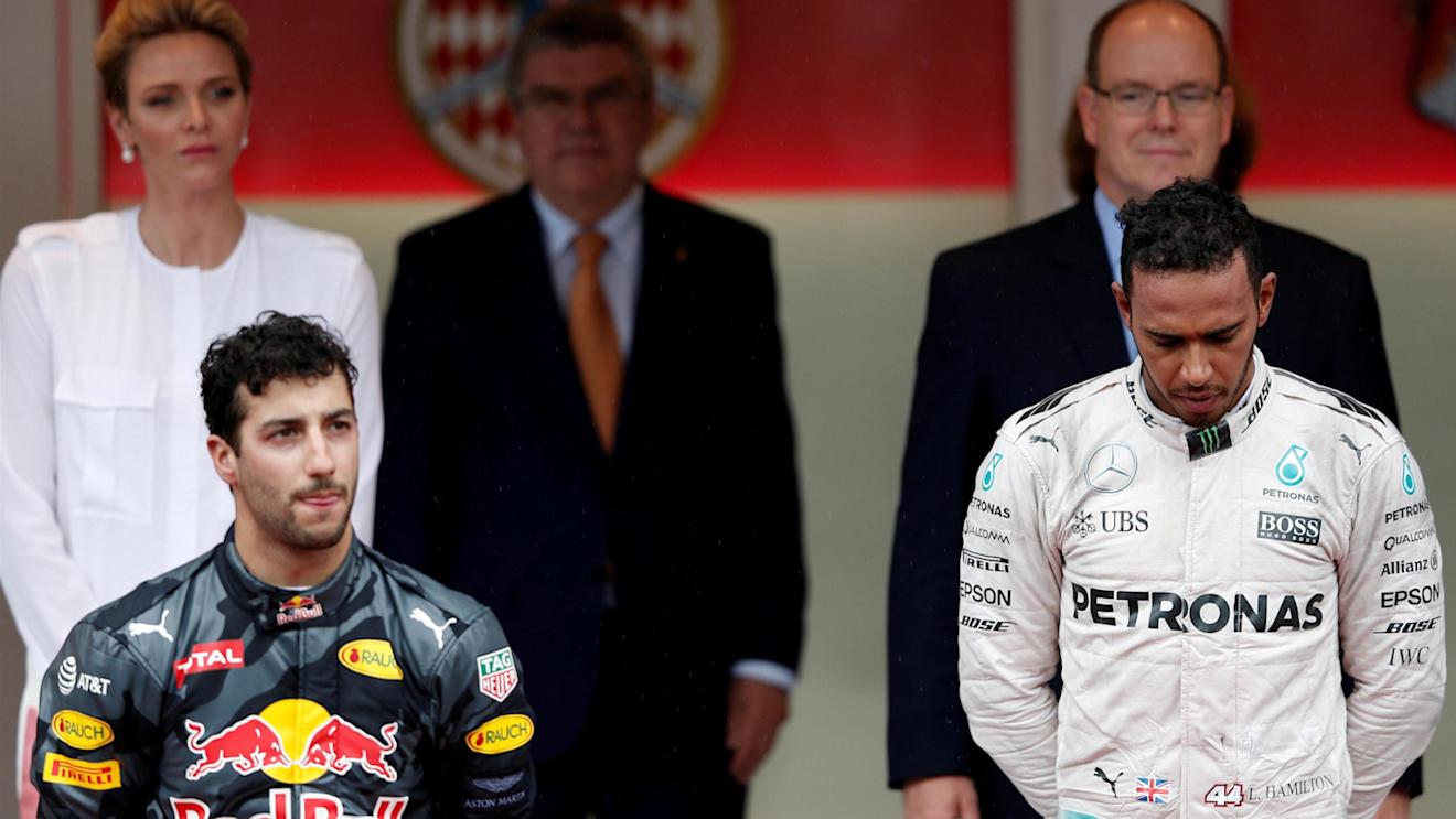 Race winner Lewis Hamilton (GBR) Mercedes AMG F1 abd second placed Daniel Ricciardo (AUS) Red Bull Racing on the podium at Formula One World Championship, Rd6, Monaco Grand Prix, Race, Monte-Carlo, Monaco, Sunday 29 May 2016. © Sutton Images