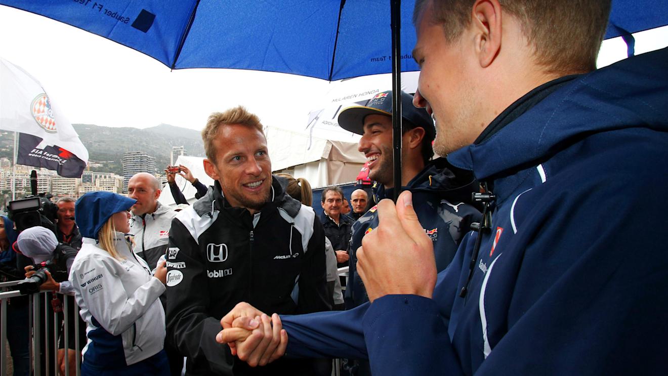 Jenson Button (GBR) McLaren, Daniel Ricciardo (AUS) Red Bull Racing and Marcus Ericsson (SWE) Sauber on the drivers parade at Formula One World Championship, Rd6, Monaco Grand Prix, Race, Monte-Carlo, Monaco, Sunday 29 May 2016. © Sutton Images