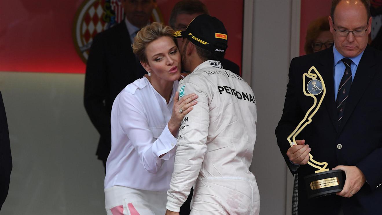 Lewis Hamilton (GBR) Mercedes AMG F1 with Princess Charlene of Monaco on the podium at Formula One World Championship, Rd6, Monaco Grand Prix, Race, Monte-Carlo, Monaco, Sunday 29 May 2016. © Sutton Images
