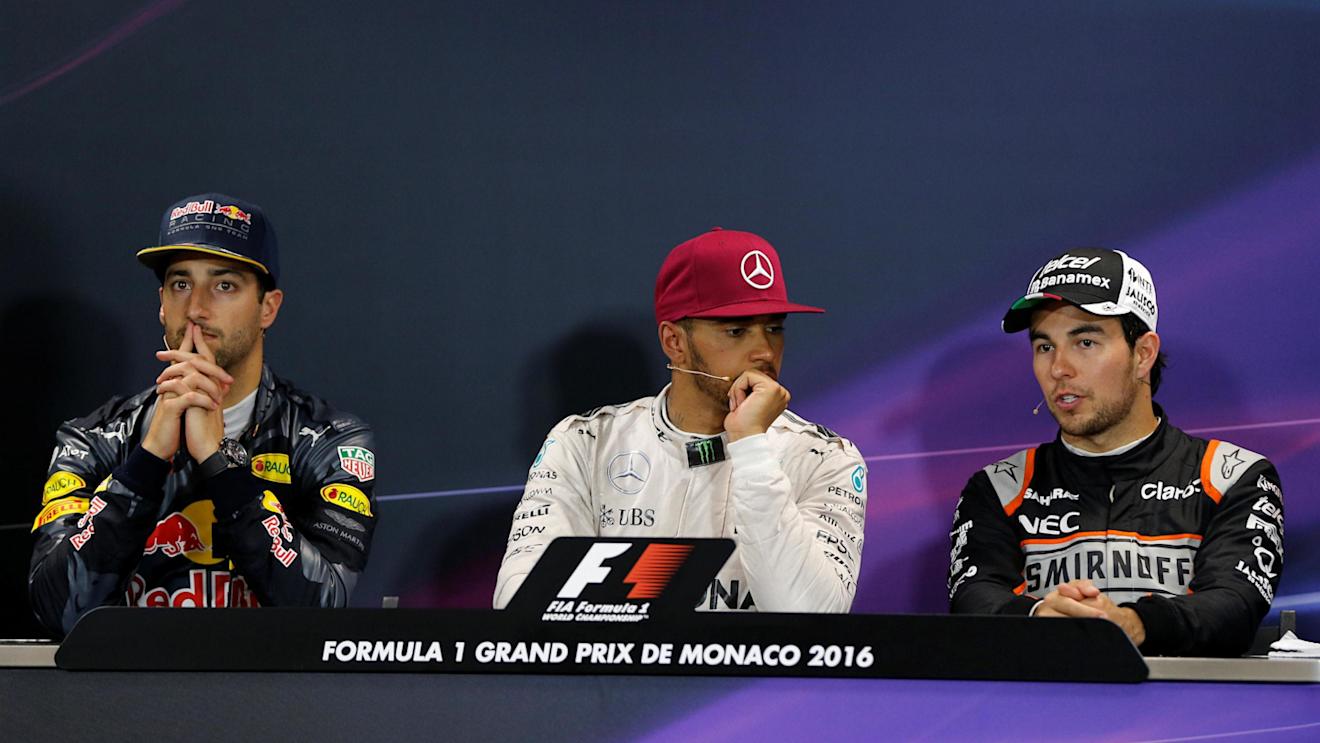 Daniel Ricciardo (AUS) Red Bull Racing, Lewis Hamilton (GBR) Mercedes AMG F1 and Sergio Perez (MEX) Force India in the Press Conference at Formula One World Championship, Rd6, Monaco Grand Prix, Race, Monte-Carlo, Monaco, Sunday 29 May 2016. © Sutton Images