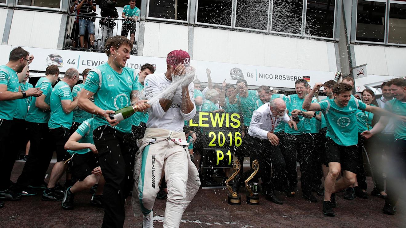 Race winner Lewis Hamilton (GBR) Mercedes AMG F1 celebrates with the team and the champagne at Formula One World Championship, Rd6, Monaco Grand Prix, Race, Monte-Carlo, Monaco, Sunday 29 May 2016. © Sutton Images