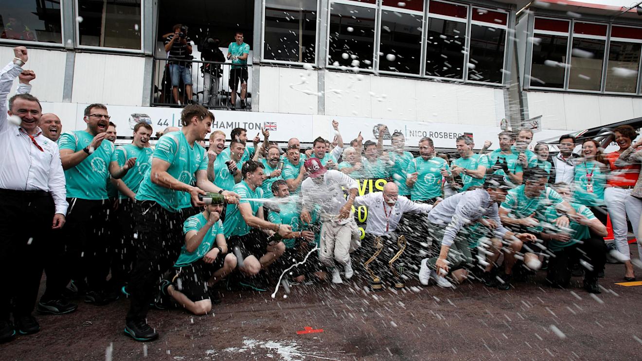 Race winner Lewis Hamilton (GBR) Mercedes AMG F1 celebrates with the team and the champagne at Formula One World Championship, Rd6, Monaco Grand Prix, Race, Monte-Carlo, Monaco, Sunday 29 May 2016. © Sutton Images