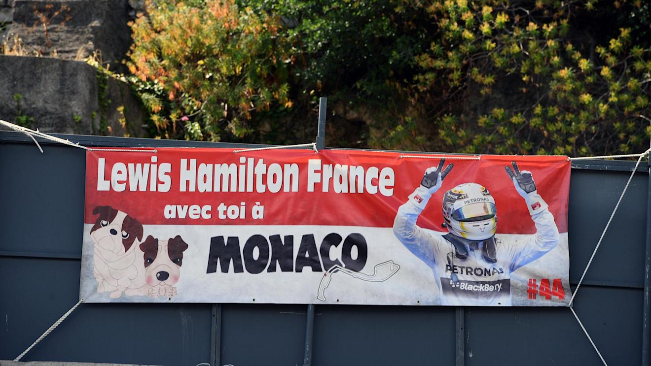 Lewis Hamilton (GBR) Mercedes AMG F1 banner at Formula One World Championship, Rd6, Monaco Grand Prix, Preparations, Monte-Carlo, Monaco, Wednesday 25 May 2016. © Sutton Images