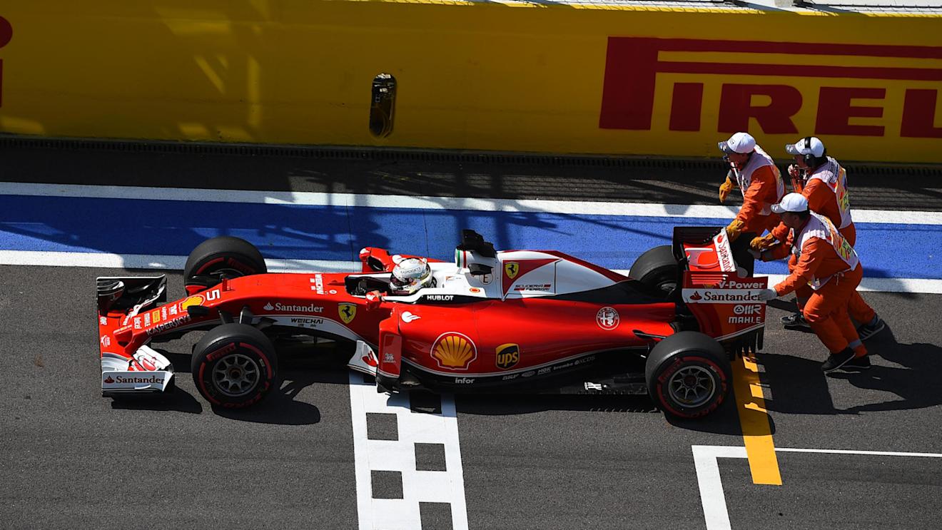 The car of Sebastian Vettel (GER) Ferrari SF16-H is pushed by the marshals in FP2 at Formula One World Championship, Rd4, Russian Grand Prix, Practice, Sochi Autodrom, Sochi, Krasnodar Krai, Russia, Friday 29 April 2016. © Sutton Motorsport Images