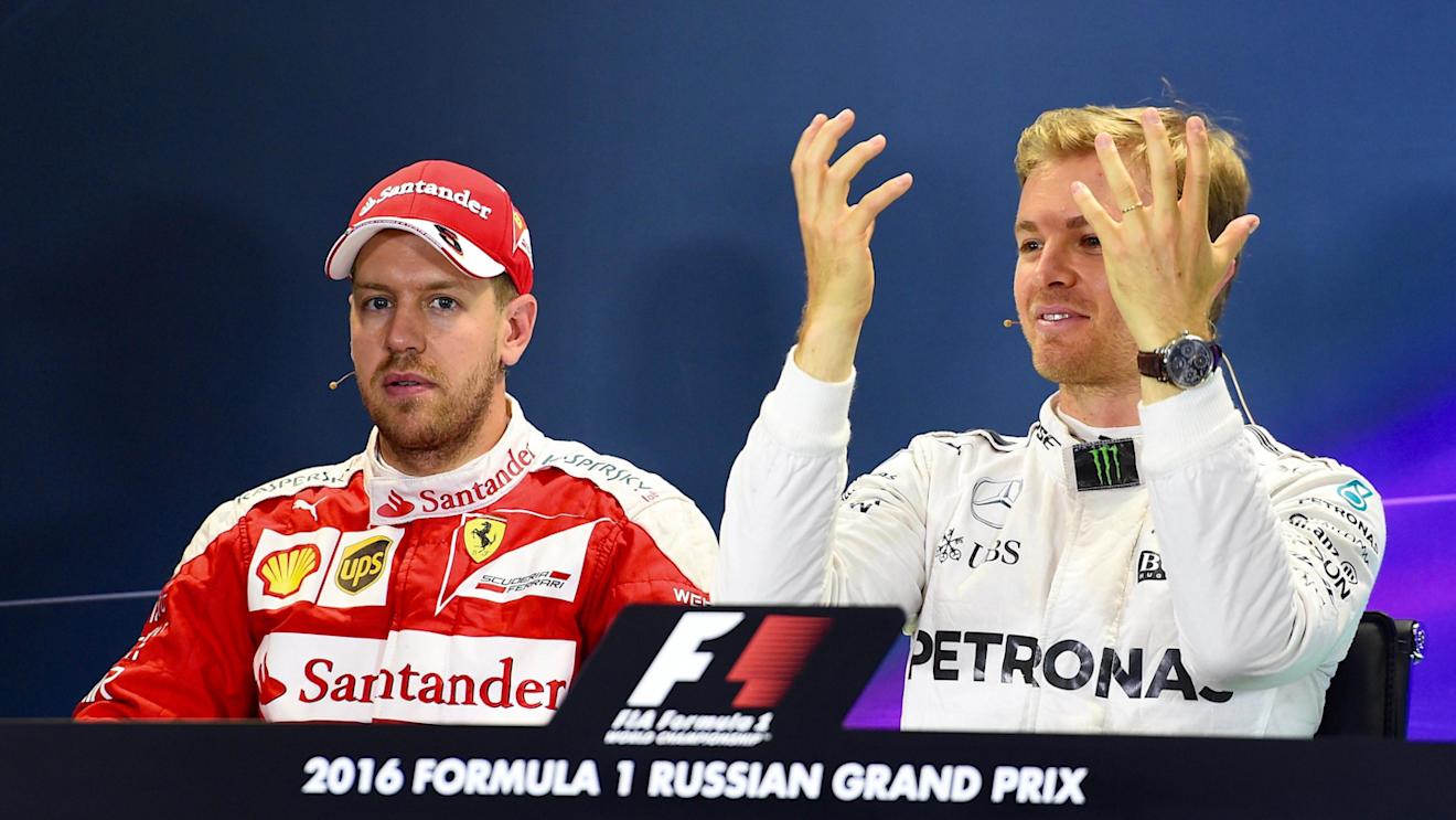 Sebastian Vettel (GER) Ferrari and Nico Rosberg (GER) Mercedes AMG F1 in the Press Conference at Formula One World Championship, Rd4, Russian Grand Prix, Qualifying, Sochi Autodrom, Sochi, Krasnodar Krai, Russia, Saturday 30 April 2016. © Sutton Motorsport Images