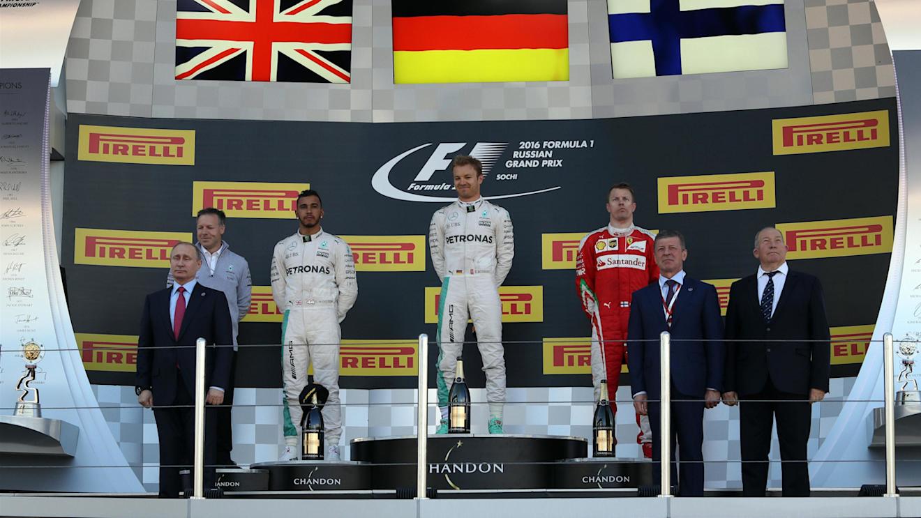 Race winner Nico Rosberg (GER) Mercedes AMG F1 and Vladimir Putin (RUS), President of Russia celebrate on the podium at Formula One World Championship, Rd4, Russian Grand Prix, Race, Sochi Autodrom, Sochi, Krasnodar Krai, Russia, Sunday 1 May 2016. © Sutton Motorsport Images