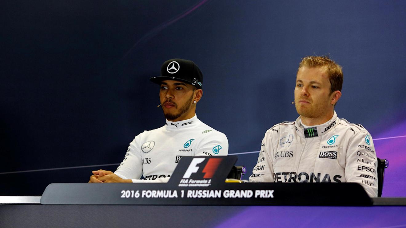 Lewis Hamilton (GBR) Mercedes AMG F1 and Nico Rosberg (GER) Mercedes AMG F1 in the Press Conference at Formula One World Championship, Rd4, Russian Grand Prix, Race, Sochi Autodrom, Sochi, Krasnodar Krai, Russia, Sunday 1 May 2016. © Sutton Motorsport Images