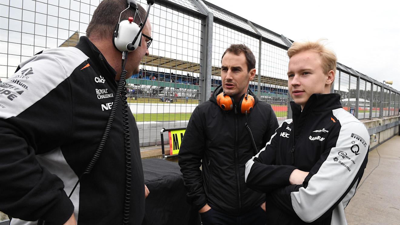 Nikita Mazepin (RUS) Force India and Tom McCullough (GBR) Force India F1 Team Chief Engineer at Formula One Testing, Day One, Silverstone, England, Tuesday 12 July 2016. © Sutton Images