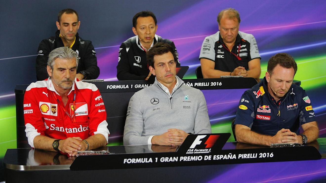 (L to R): Cyril Abiteboul (FRA) Renault Sport F1 Managing Director, Yusuke Hasegawa (JPN) Head of Honda Motorsport, Robert Fearnley (GBR) Force India F1 Team Deputy Team Principal, Maurizio Arrivabene (ITA) Ferrari Team Principal, Toto Wolff (AUT) Mercedes AMG F1 Director of Motorsport and Christian Horner (GBR) Red Bull Racing Team Principal in the Press Conference at Formula One World Championship, Rd5, Spanish Grand Prix, Practice, Barcelona, Spain, Friday 13 May 2016. © Sutton Images