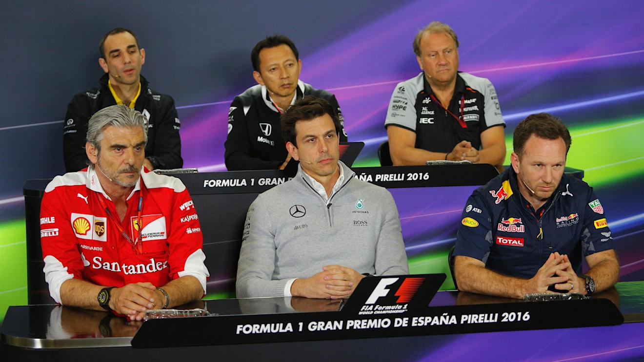 (L to R): Cyril Abiteboul (FRA) Renault Sport F1 Managing Director, Yusuke Hasegawa (JPN) Head of Honda Motorsport, Robert Fearnley (GBR) Force India F1 Team Deputy Team Principal, Maurizio Arrivabene (ITA) Ferrari Team Principal, Toto Wolff (AUT) Mercedes AMG F1 Director of Motorsport and Christian Horner (GBR) Red Bull Racing Team Principal in the Press Conference at Formula One World Championship, Rd5, Spanish Grand Prix, Practice, Barcelona, Spain, Friday 13 May 2016. © Sutton Images