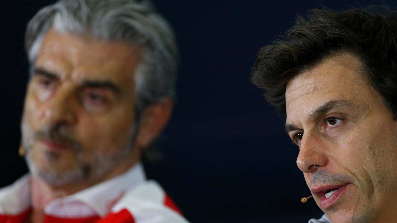 Toto Wolff (AUT) Mercedes AMG F1 Director of Motorsport and Maurizio Arrivabene (ITA) Ferrari Team Principal in the Press Conference at Formula One World Championship, Rd5, Spanish Grand Prix, Practice, Barcelona, Spain, Friday 13 May 2016. © Sutton Images
