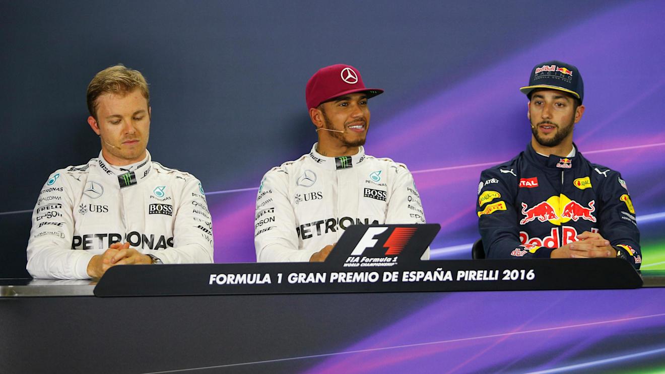(L to R): Nico Rosberg (GER) Mercedes AMG F1, Lewis Hamilton (GBR) Mercedes AMG F1 and Daniel Ricciardo (AUS) Red Bull Racing in the Press Conference at Formula One World Championship, Rd5, Spanish Grand Prix, Qualifying, Barcelona, Spain, Saturday 14 May 2016. © Sutton Images