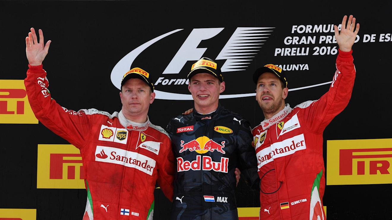 (L to R): Kimi Raikkonen (FIN) Ferrari, talks with Max Verstappen (NED) Red Bull Racing and Sebastian Vettel (GER) Ferrari celebrate on the podium at Formula One World Championship, Rd5, Spanish Grand Prix, Race, Barcelona, Spain, Sunday 15 May 2016. © Sutton Motorsport Images