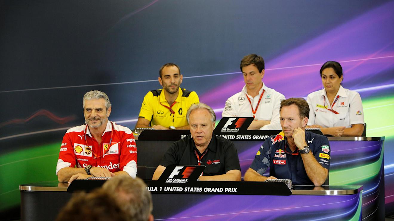 (L to R): Cyril Abiteboul (FRA) Renault Sport F1 Managing Director, Toto Wolff (AUT) Mercedes AMG F1 Director of Motorsport, Monisha Kaltenborn (AUT) Sauber Team Prinicpal, Maurizio Arrivabene (ITA) Ferrari Team Principal, Gene Haas (USA) Founder and Chairman, Haas F1 Team and Christian Horner (GBR) Red Bull Racing Team Principal in the Press Conference at Formula One World Championship, Rd18, United States Grand Prix, Practice, Circuit of the Americas, Austin, Texas, USA, Friday 21 October 2016. © Sutto...