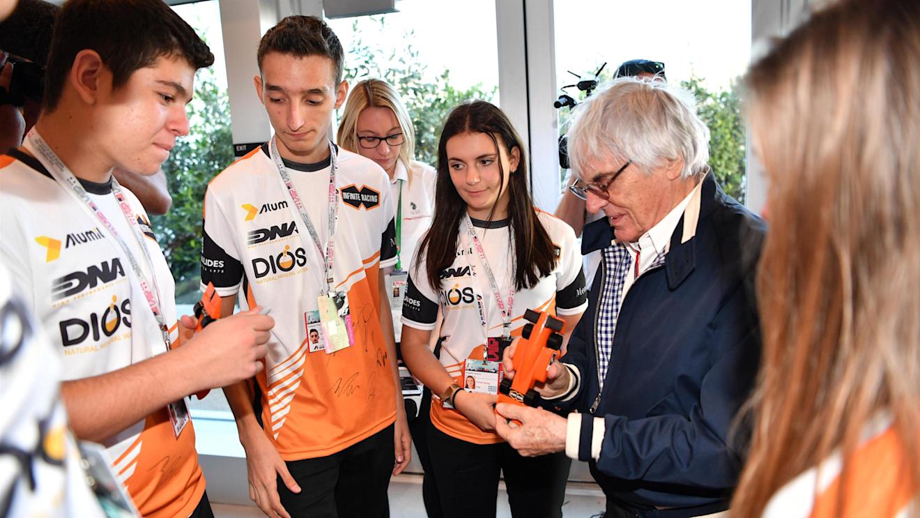 Bernie Ecclestone (GBR) CEO Formula One Group (FOM) presents the F1 in Schools Winning Trophy to Infinite Racing from Greece at Formula One World Championship, Rd18, United States Grand Prix, Practice, Circuit of the Americas, Austin, Texas, USA, Friday 21 October 2016. © Sutton Images