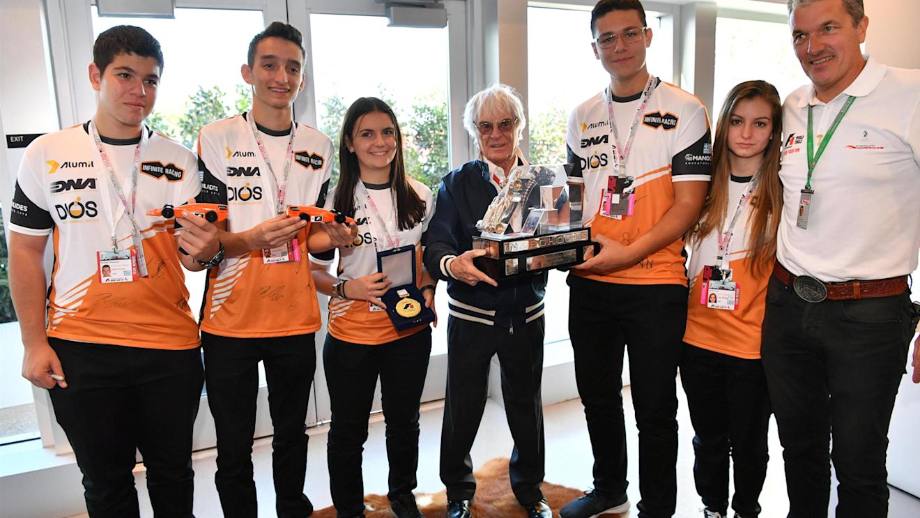 Bernie Ecclestone (GBR) CEO Formula One Group (FOM) presents the F1 in Schools Winning Trophy to Infinite Racing from Greece at Formula One World Championship, Rd18, United States Grand Prix, Practice, Circuit of the Americas, Austin, Texas, USA, Friday 21 October 2016. © Sutton Images