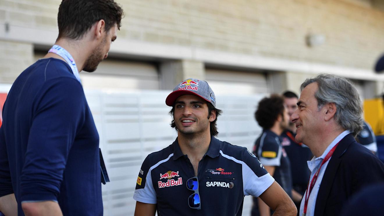 Pau Gasol (ESP) San Antonio Spurs Basketball Player with Carlos Sainz jr (ESP) Scuderia Toro Rosso and Carlos Sainz (ESP) at Formula One World Championship, Rd18, United States Grand Prix, Qualifying, Circuit of the Americas, Austin, Texas, USA, Saturday 22 October 2016. © Sutton Images
