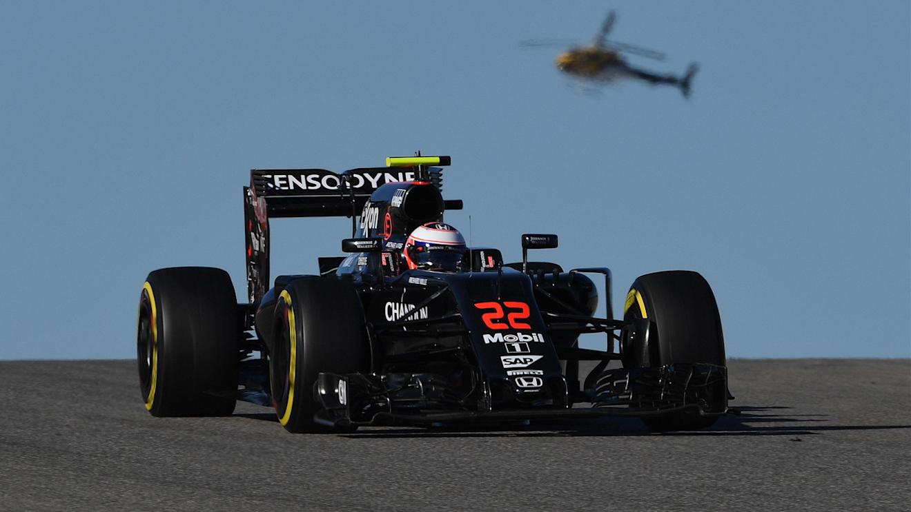 Jenson Button (GBR) McLaren MP4-31 and helicopter at Formula One World Championship, Rd18, United States Grand Prix, Qualifying, Circuit of the Americas, Austin, Texas, USA, Saturday 22 October 2016. © Sutton Images