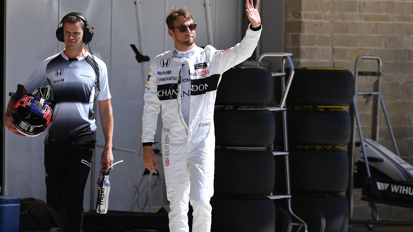 Jenson Button (GBR) McLaren with his trainer Mike Collier (GBR)  waves to the crowd after Q1 at Formula One World Championship, Rd18, United States Grand Prix, Qualifying, Circuit of the Americas, Austin, Texas, USA, Saturday 22 October 2016. © Sutton Images