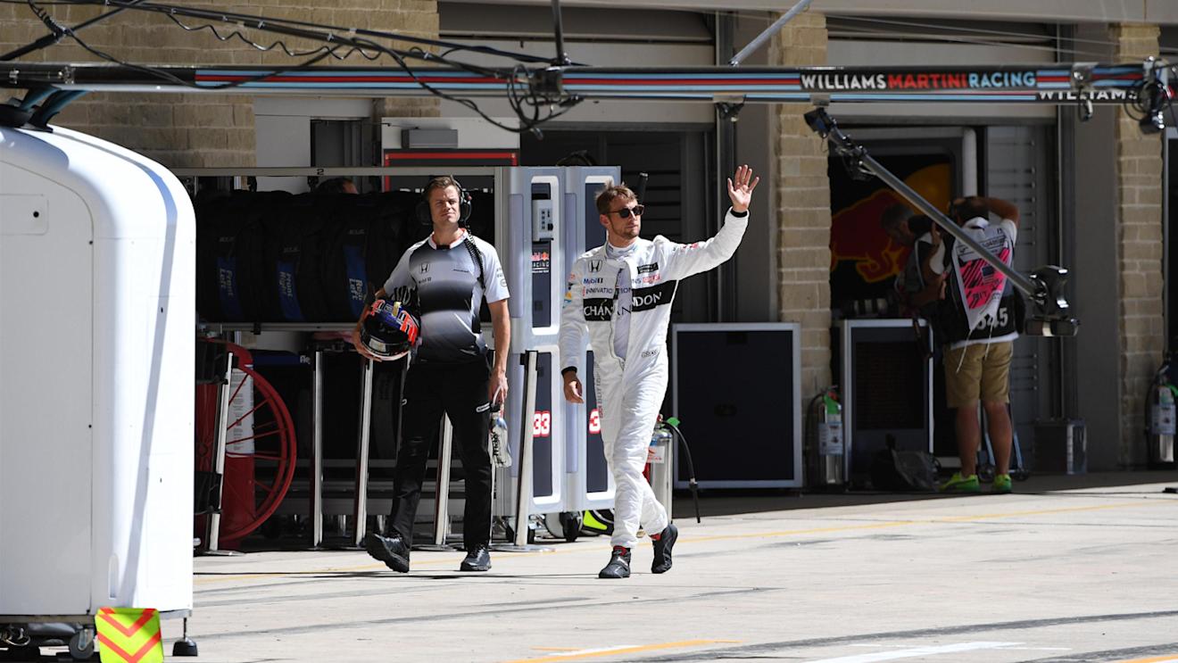 Jenson Button (GBR) McLaren with his trainer Mike Collier (GBR)  waves to the crowd after Q1 at Formula One World Championship, Rd18, United States Grand Prix, Qualifying, Circuit of the Americas, Austin, Texas, USA, Saturday 22 October 2016. © Sutton Images