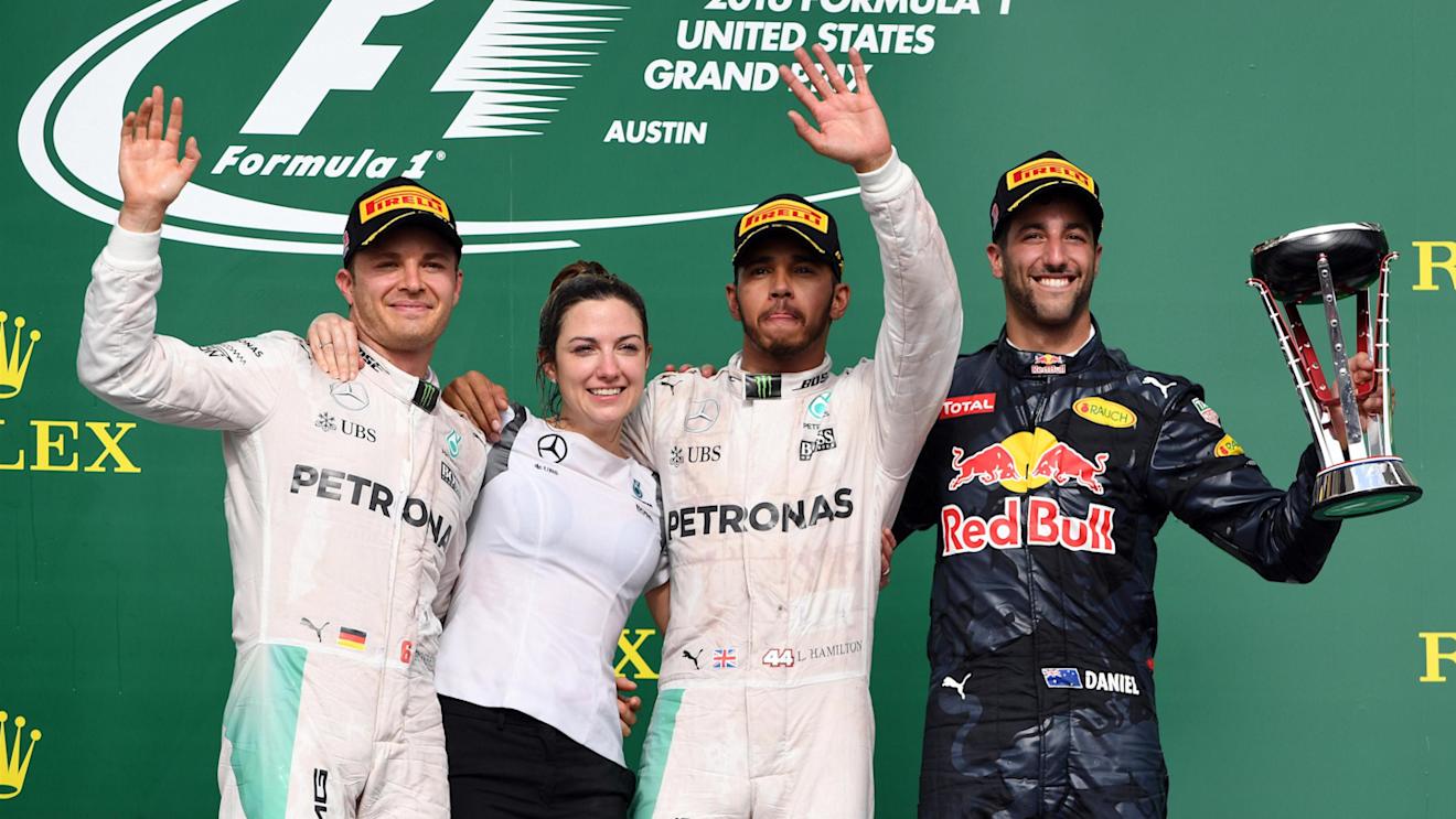 (L to R): Nico Rosberg (GER) Mercedes AMG F1, Victoria Vowles (GBR) Mercedes AMG F1 Partner Services Director, Lewis Hamilton (GBR) Mercedes AMG F1 and Daniel Ricciardo (AUS) Red Bull Racing celebrate on the podium with the trophy at Formula One World Championship, Rd18, United States Grand Prix, Race, Circuit of the Americas, Austin, Texas, USA, Sunday 23 October 2016. © Sutton Images