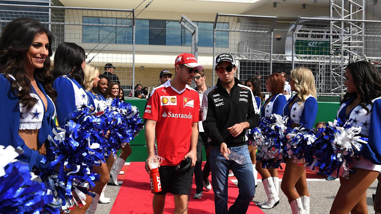 Sebastian Vettel (GER) Ferrari and Sergio Perez (MEX) Force India on the drivers parade at Formula One World Championship, Rd18, United States Grand Prix, Race, Circuit of the Americas, Austin, Texas, USA, Sunday 23 October 2016. © Sutton Images