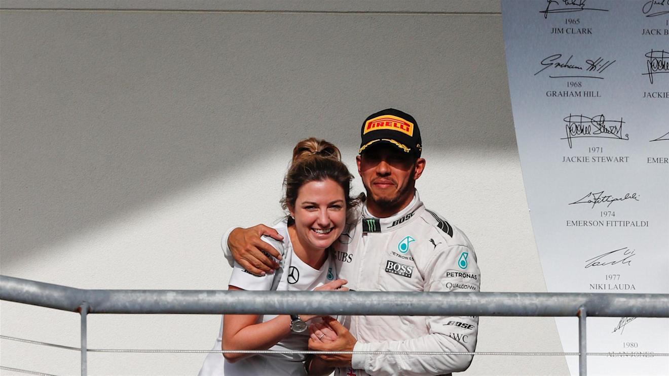 Victoria Vowles (GBR) Mercedes AMG F1 Partner Services Director and Lewis Hamilton (GBR) Mercedes AMG F1 celebrate on the podium at Formula One World Championship, Rd18, United States Grand Prix, Race, Circuit of the Americas, Austin, Texas, USA, Sunday 23 October 2016. © Sutton Images