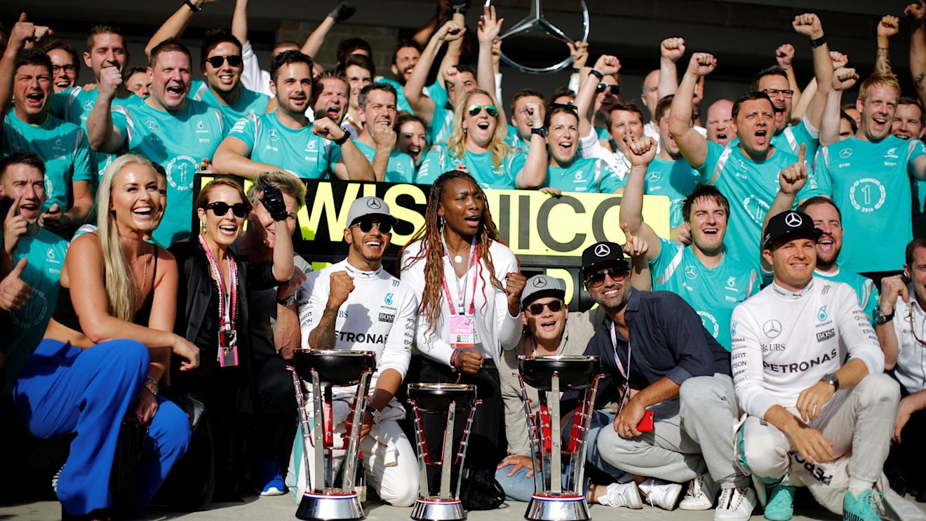 Lindsey Vonn (USA) Alpine Ski Racer, Noomi Rapace (SWE) Actress, Venus Williams (USA) Tennis PLayer, Race winner Lewis Hamilton (GBR) Mercedes AMG F1, Venus Williams (USA) Tennis Player, Nico Rosberg (GER) Mercedes AMG F1 and the Mercedes AMG F1 team celebrate with the trophies at Formula One World Championship, Rd18, United States Grand Prix, Race, Circuit of the Americas, Austin, Texas, USA, Sunday 23 October 2016. © Sutton Images