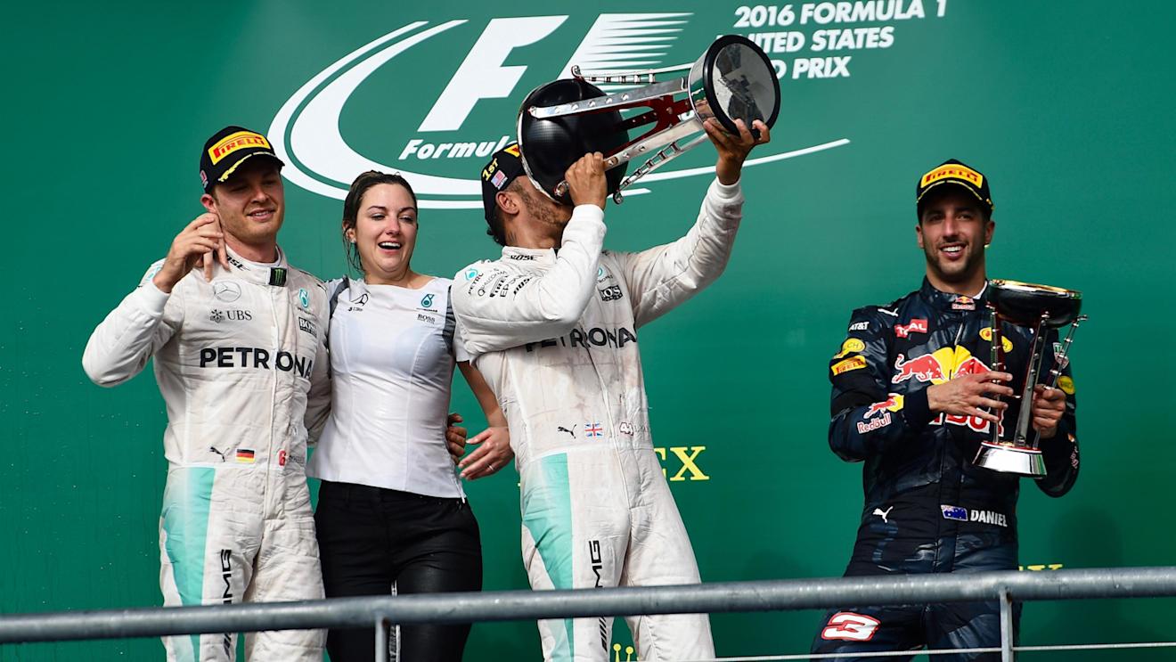 Nico Rosberg (GER) Mercedes AMG F1, Victoria Vowles (GBR) Mercedes AMG F1 Partner Services Director, race winner Lewis Hamilton (GBR) Mercedes AMG F1 and Daniel Ricciardo (AUS) Red Bull Racing celebrate on the podium withthe champagne and the trophies at Formula One World Championship, Rd18, United States Grand Prix, Race, Circuit of the Americas, Austin, Texas, USA, Sunday 23 October 2016. © Sutton Images