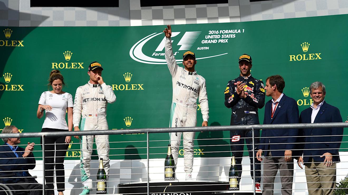 (L to R): Victoria Vowles (GBR) Mercedes AMG F1 Partner Services Director, Nico Rosberg (GER) Mercedes AMG F1, Lewis Hamilton (GBR) Mercedes AMG F1 and Daniel Ricciardo (AUS) Red Bull Racing celebrate on the podium at Formula One World Championship, Rd18, United States Grand Prix, Race, Circuit of the Americas, Austin, Texas, USA, Sunday 23 October 2016. © Sutton Images