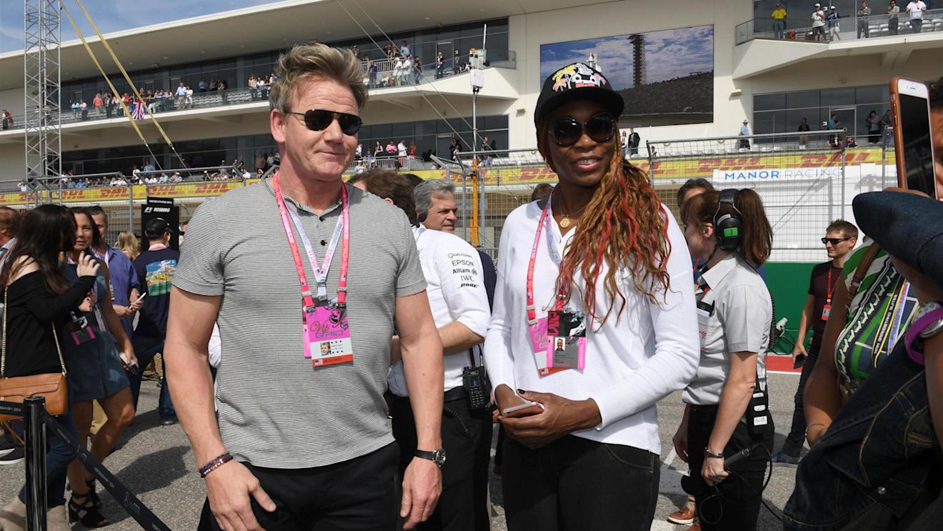 Gordon Ramsay (GBR) Chef and Venus Williams (USA) Tennis player on the grid at Formula One World Championship, Rd18, United States Grand Prix, Race, Circuit of the Americas, Austin, Texas, USA, Sunday 23 October 2016. © Sutton Images