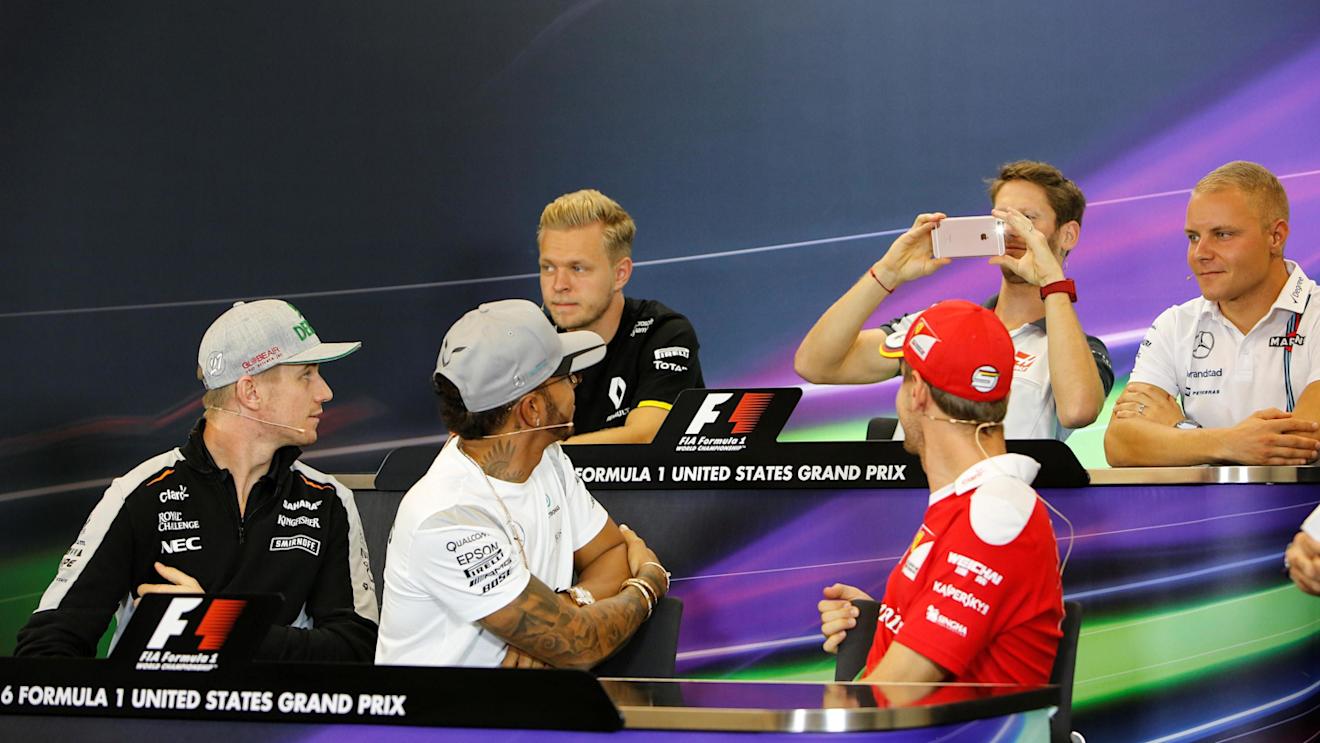 (L to R): Kevin Magnussen (DEN) Renault Sport F1 Team, Romain Grosjean (FRA) Haas F1, Valtteri Bottas (FIN) Williams, Nico Hulkenberg (GER) Force India F1, Lewis Hamilton (GBR) Mercedes AMG F1 and Sebastian Vettel (GER) Ferrari in the Press Conference at Formula One World Championship, Rd18, United States Grand Prix, Preparations, Circuit of the Americas, Austin, Texas, USA, Thursday 20 October 2016. © Sutton Images