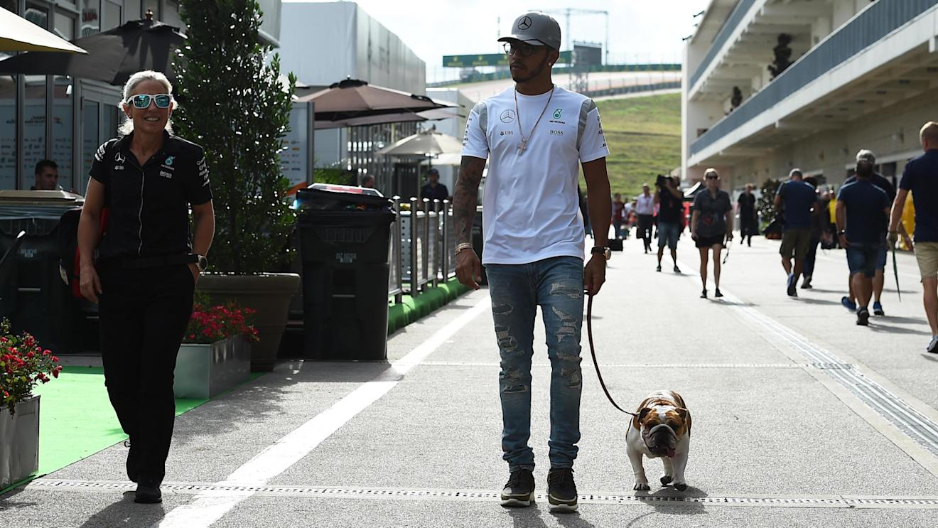 Lewis Hamilton (GBR) Mercedes AMG F1 with his dog Roscoe at Formula One World Championship, Rd18, United States Grand Prix, Preparations, Circuit of the Americas, Austin, Texas, USA, Thursday 20 October 2016. © Sutton Images